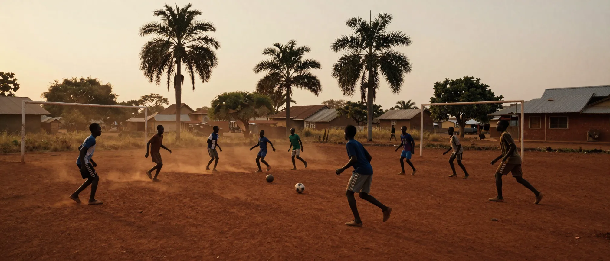 Children playing football on a red dirt pitch at sunset in a Ghanaian village