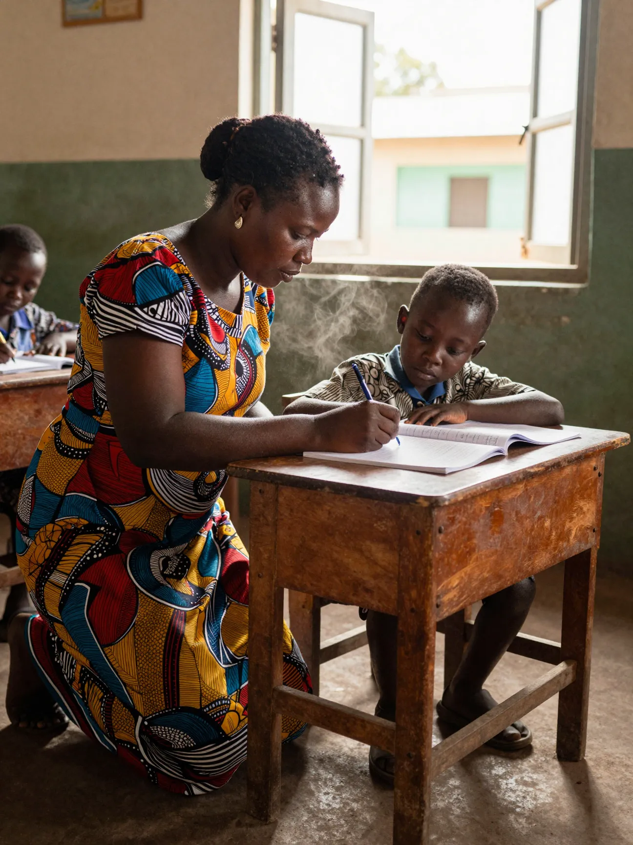 A teacher kneels beside a boy at a wooden desk, guiding his hand as he writes