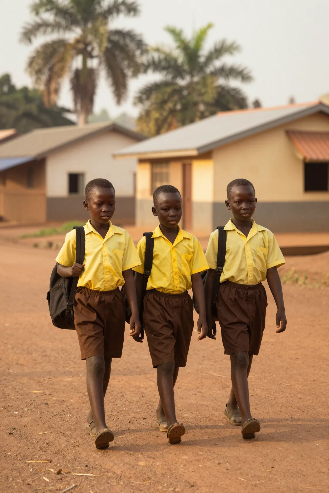 Three children in yellow and brown school uniforms walking to school along a red dirt road