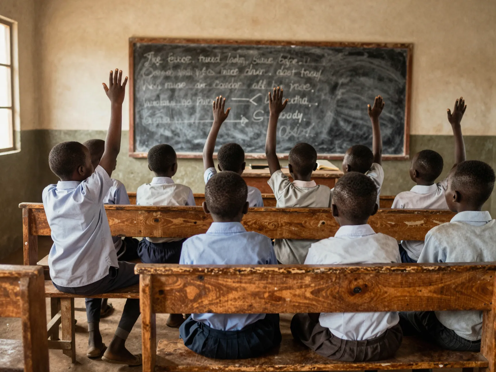Pupils on wooden benches raising their hands in a rural classroom