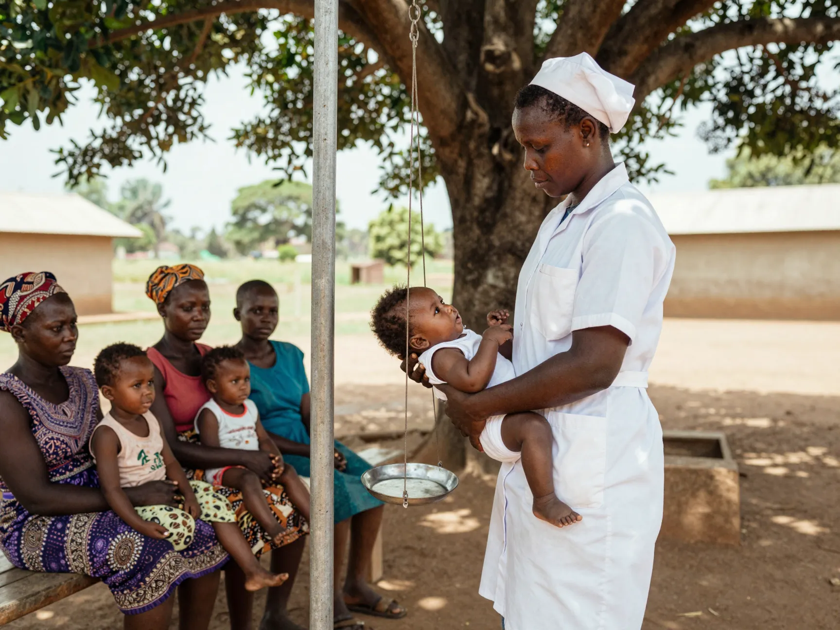 A community health nurse weighing an infant at an outdoor clinic while mothers wait
