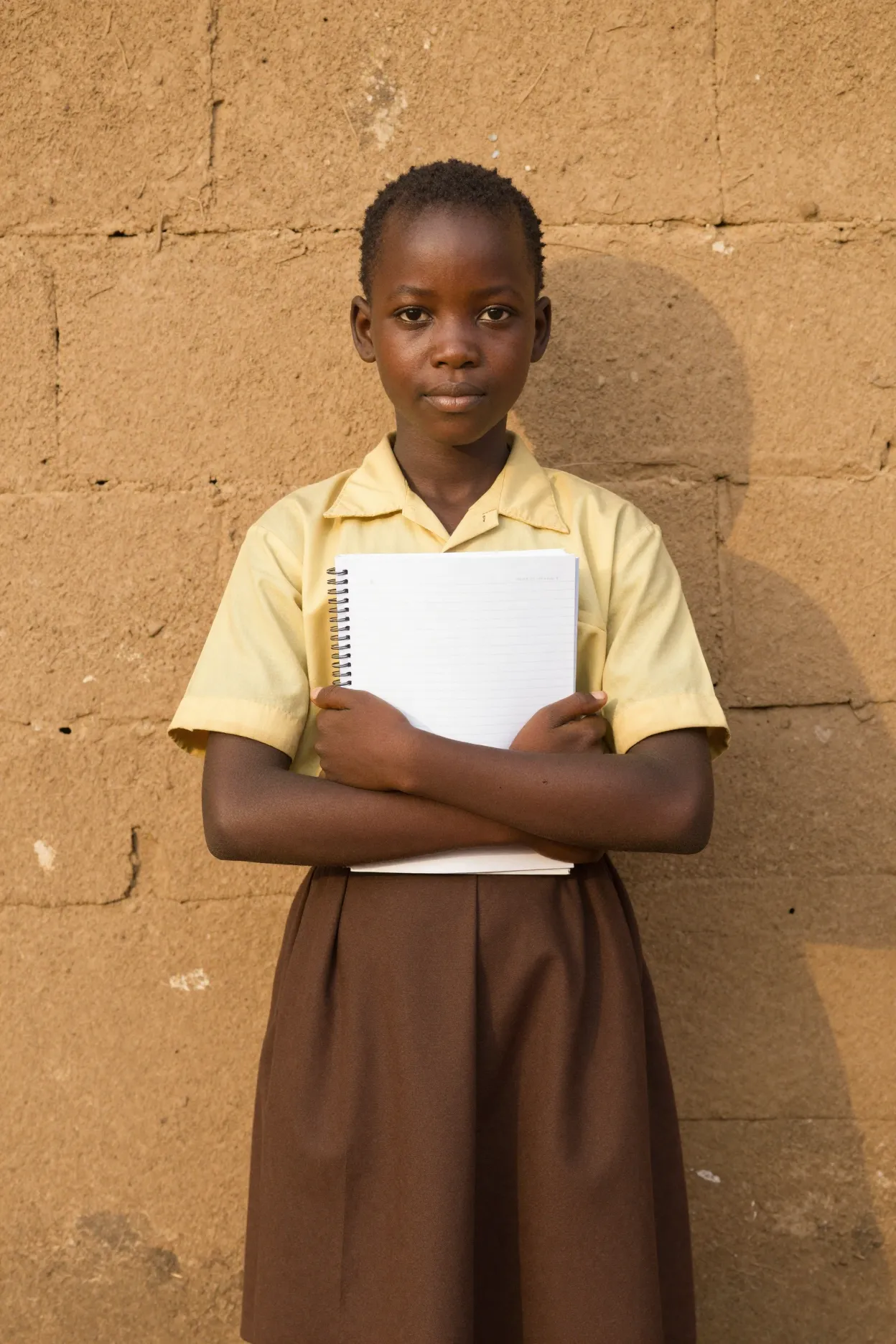 A girl in a yellow and brown school uniform holding her exercise books, standing against a mud-brick wall